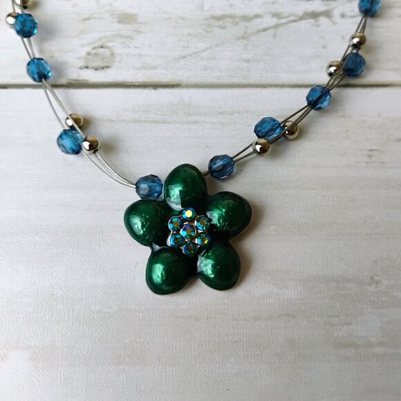 Charlie Girl Teal Flower 3 Strand Beaded Choker Necklace Blue Rhinestone NEW - Picture 3 of 5